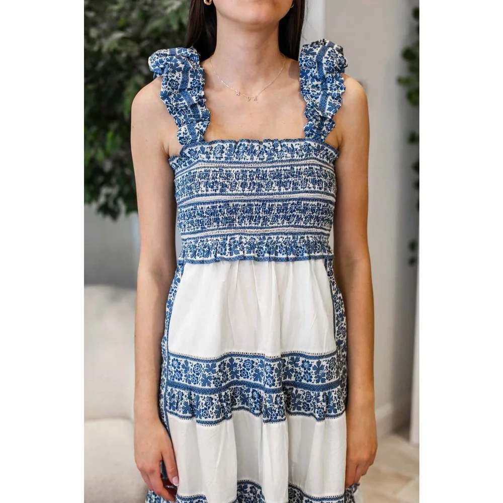 SEA New York Smocked Cream and Navy Dress - Picture 6 of 11